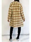 Manteau mi-long droit style mouton à imprimé pied-de-poule beige - 1