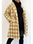 Manteau mi-long droit style mouton à imprimé pied-de-poule beige - 3