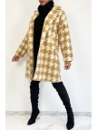 Manteau mi-long droit style mouton à imprimé pied-de-poule beige - 5