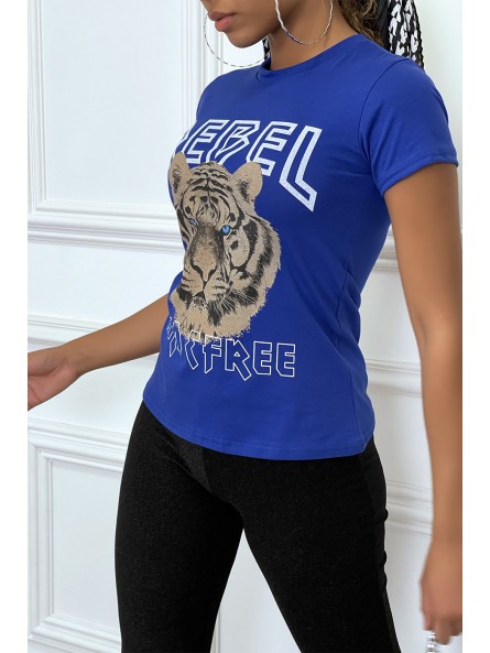 Tee-shirt royal cintrée avec écriture REBEL et tête de lion - 2