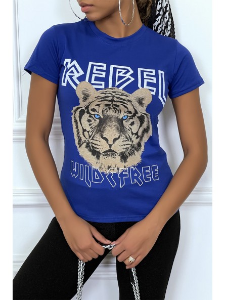 Tee-shirt royal cintrée avec écriture REBEL et tête de lion - 3
