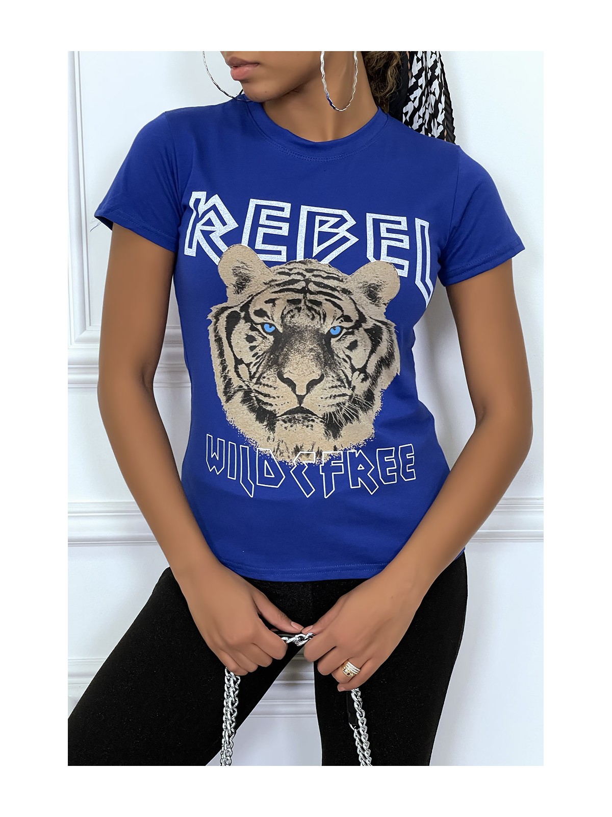 Tee-shirt royal cintrée avec écriture REBEL et tête de lion - 3