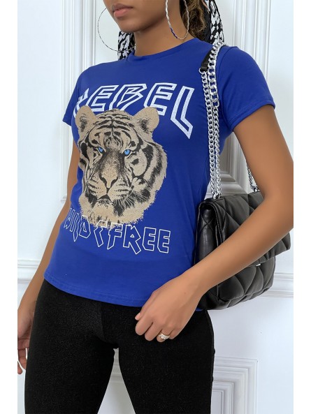 Tee-shirt royal cintrée avec écriture REBEL et tête de lion - 4