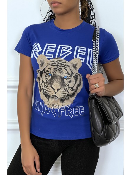 Tee-shirt royal cintrée avec écriture REBEL et tête de lion - 5