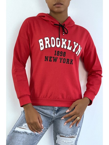 Sweat à capuche rouge avec écriture BROOKLYN 898 NEW YORK - 1