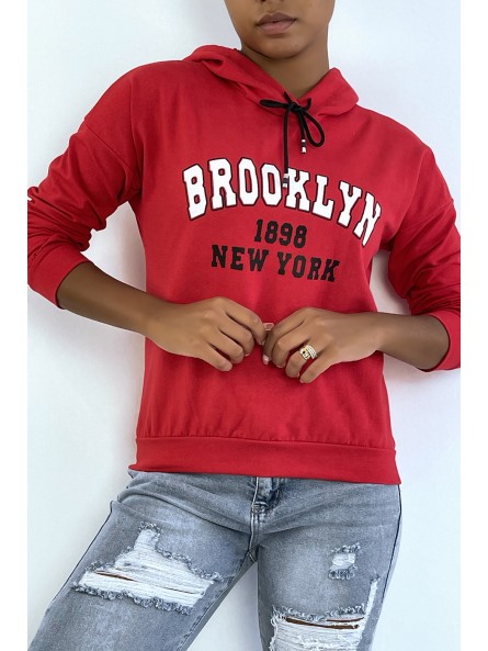 Sweat à capuche rouge avec écriture BROOKLYN 898 NEW YORK - 2