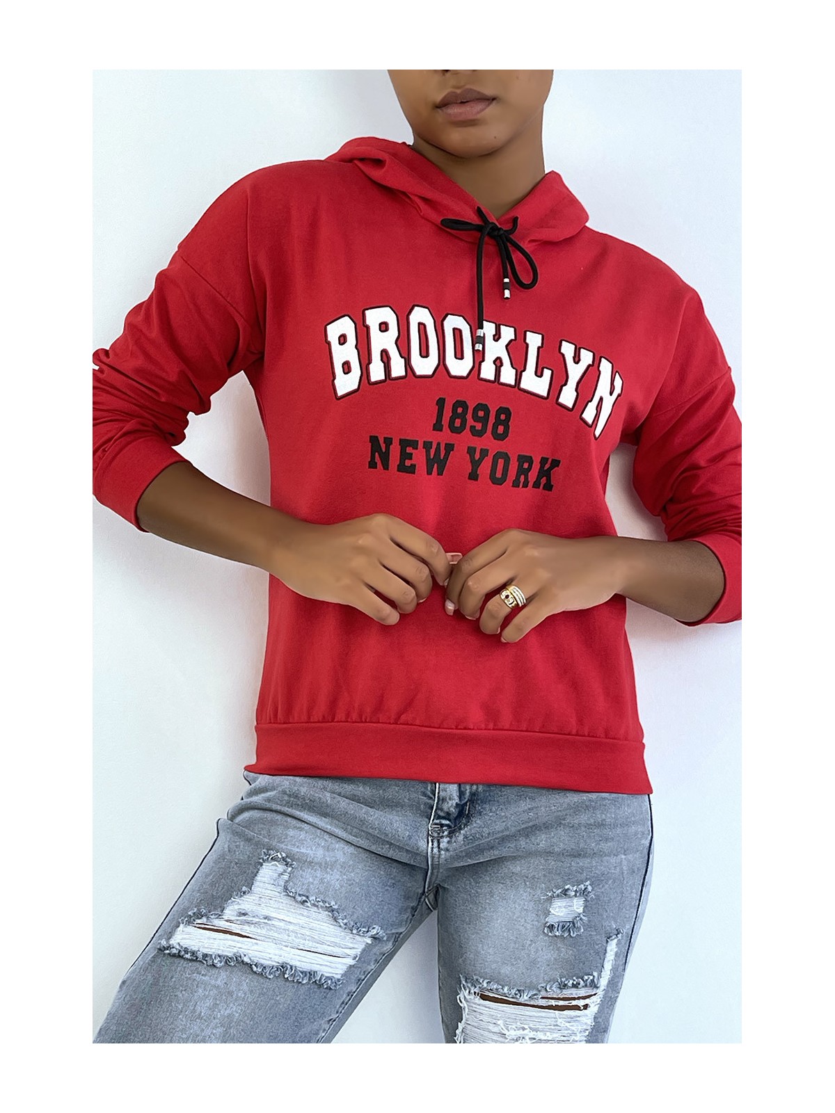 Sweat à capuche rouge avec écriture BROOKLYN 898 NEW YORK - 2