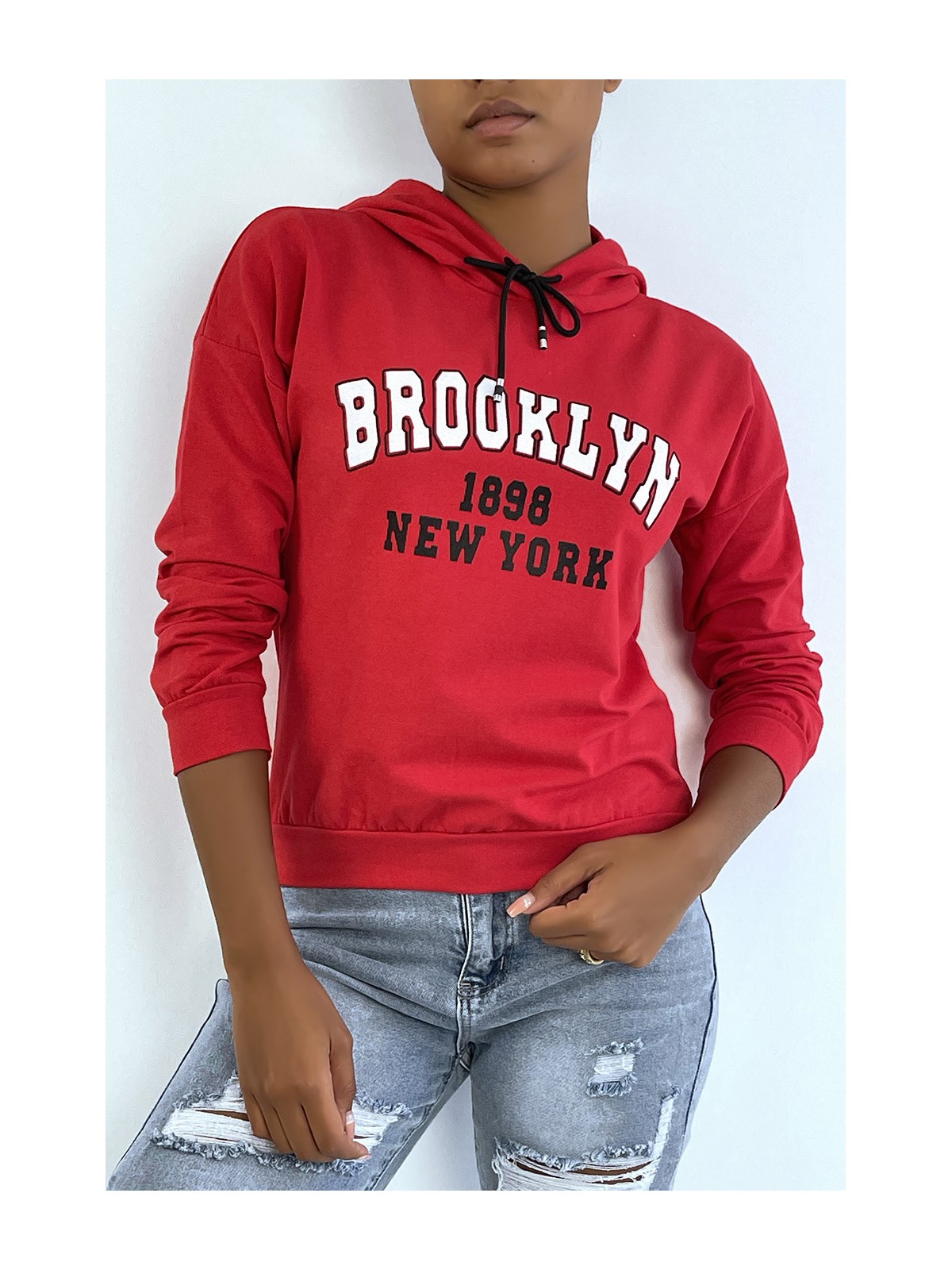 Sweat à capuche rouge avec écriture BROOKLYN 898 NEW YORK - 4