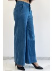 Pantalon palazzo bleu  en velours avec poches. Pantalon femme fashion - 2