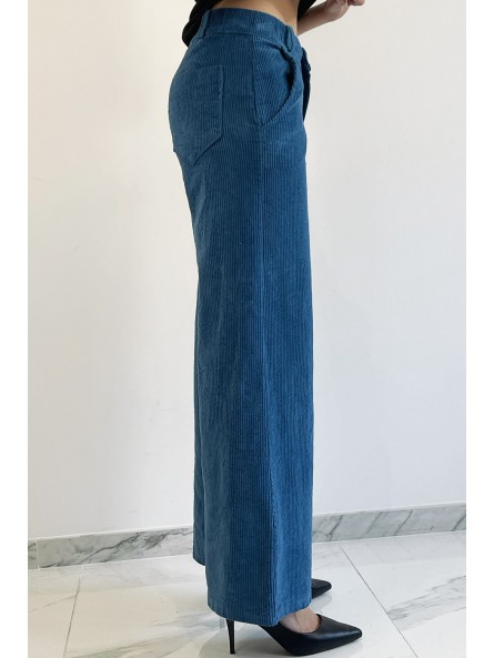 Pantalon palazzo bleu  en velours avec poches. Pantalon femme fashion - 3