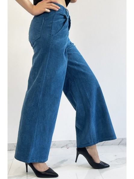 Pantalon palazzo bleu  en velours avec poches. Pantalon femme fashion - 4