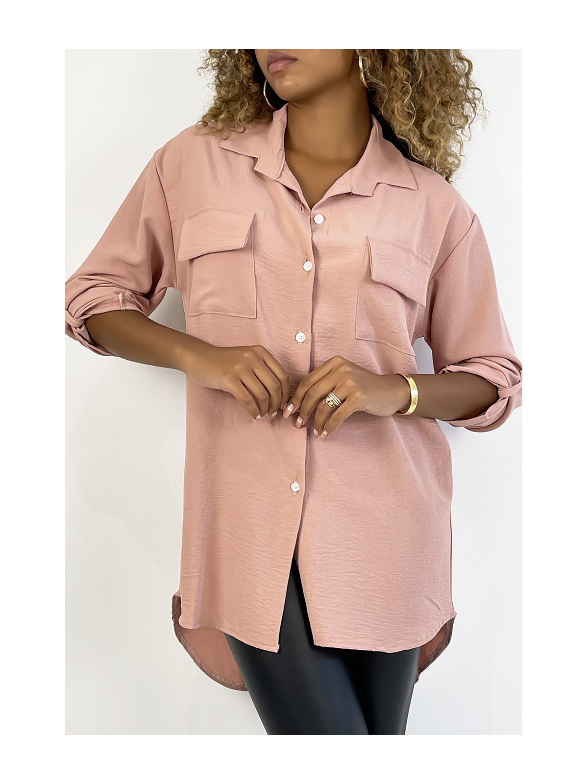 Chemise rose très chic avec poche au buste - 2