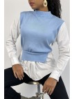 Pull bleu bi-matière chemise à coupe asymétrique - 1