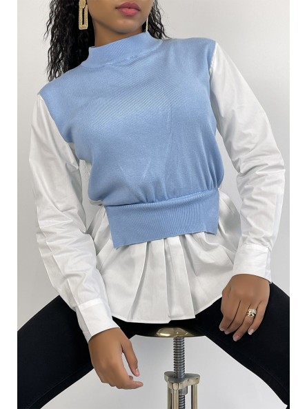 Pull bleu bi-matière chemise à coupe asymétrique - 2