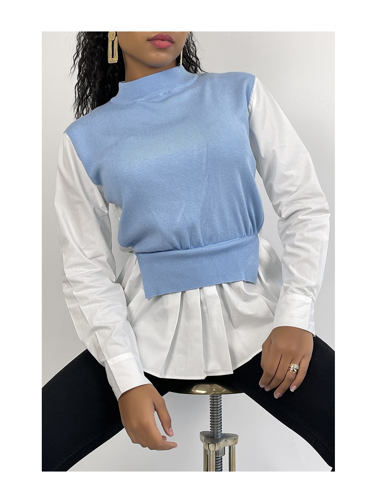 Pull bleu bi-matière chemise à coupe asymétrique - 2