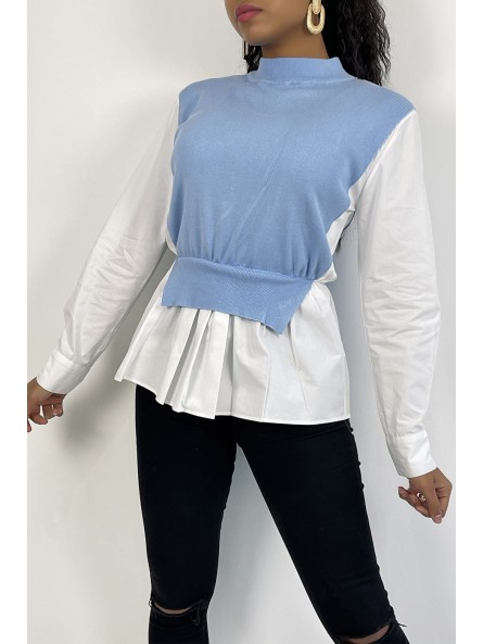 Pull bleu bi-matière chemise à coupe asymétrique - 3