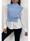 Pull bleu bi-matière chemise à coupe asymétrique - 4