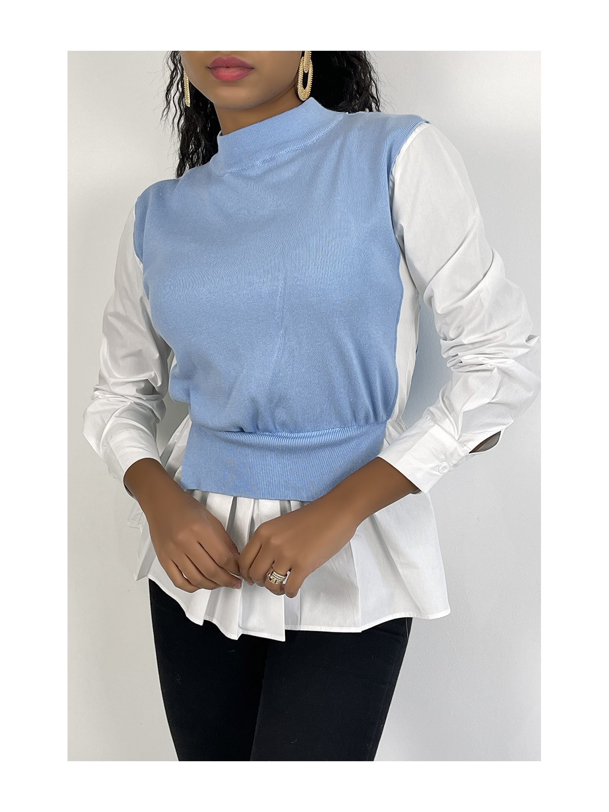 Pull bleu bi-matière chemise à coupe asymétrique - 5