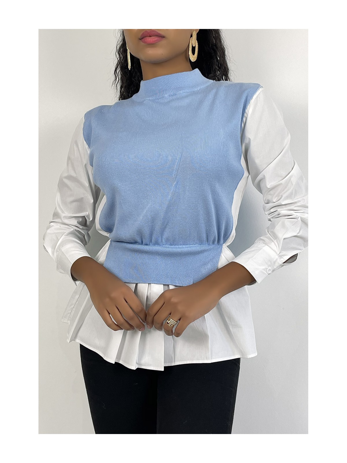 Pull bleu bi-matière chemise à coupe asymétrique - 6
