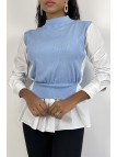 Pull bleu bi-matière chemise à coupe asymétrique - 6