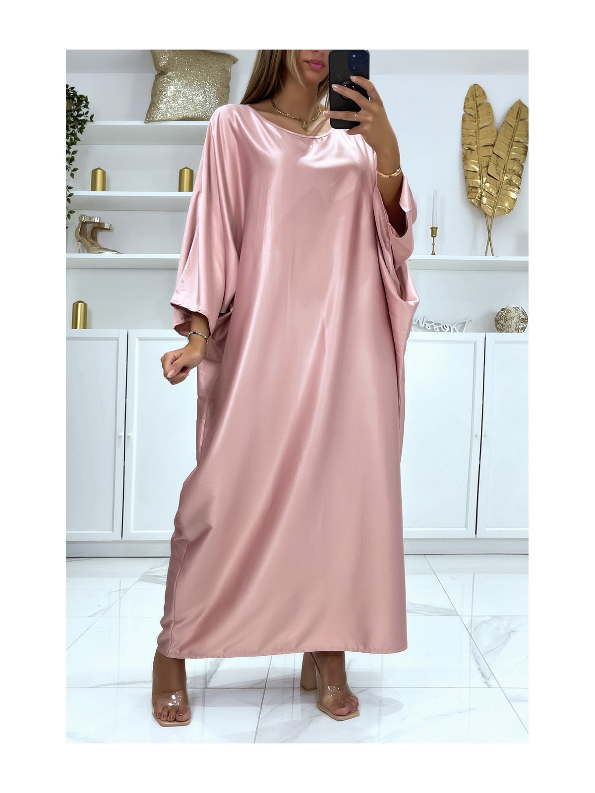 Longue robe abaya over size satiné rose  - 1