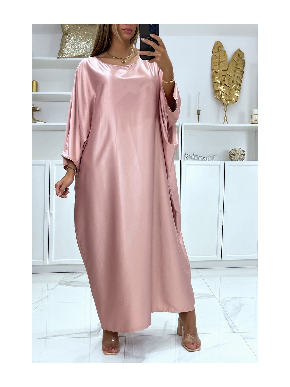 Longue robe abaya over size satiné rose  - 2