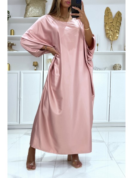Longue robe abaya over size satiné rose  - 3