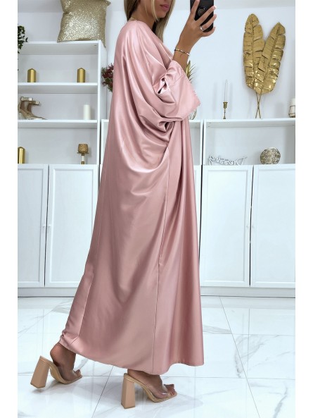 Longue robe abaya over size satiné rose  - 4