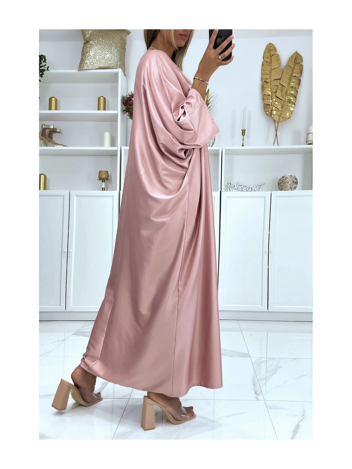 Longue robe abaya over size satiné rose  - 4