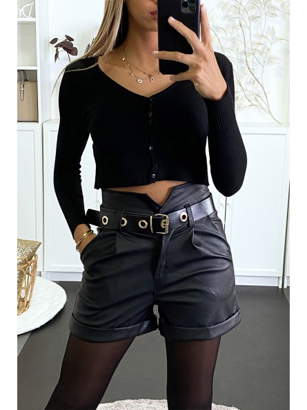 Short noir taille haute en simili avec ceinture poches et plis à l'avant - 1