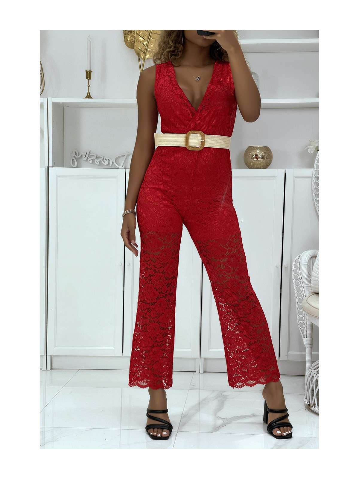 CoRCinaison pantalon rouge en dentelle doublé vendu sans la ceinture  - 2
