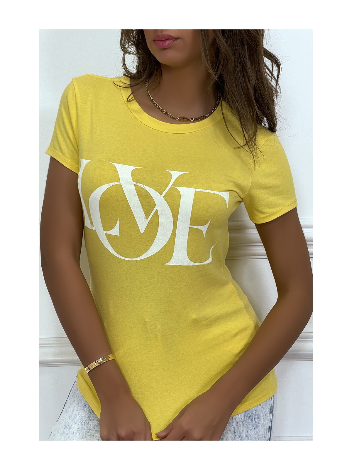 T-shirt basique jaune près du corps inscription "Love" - 2