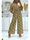 CoOOinaison pantalon patte d'éléphant orange et verte cintrée à la taille à magnifique imprimé floral - 1