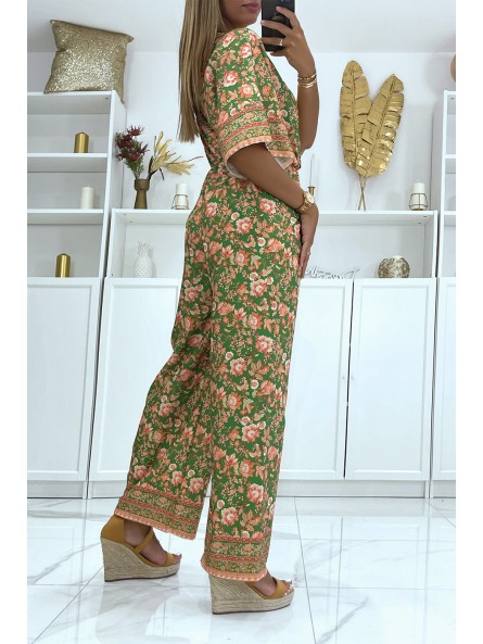 CoOOinaison pantalon patte d'éléphant orange et verte cintrée à la taille à magnifique imprimé floral - 3