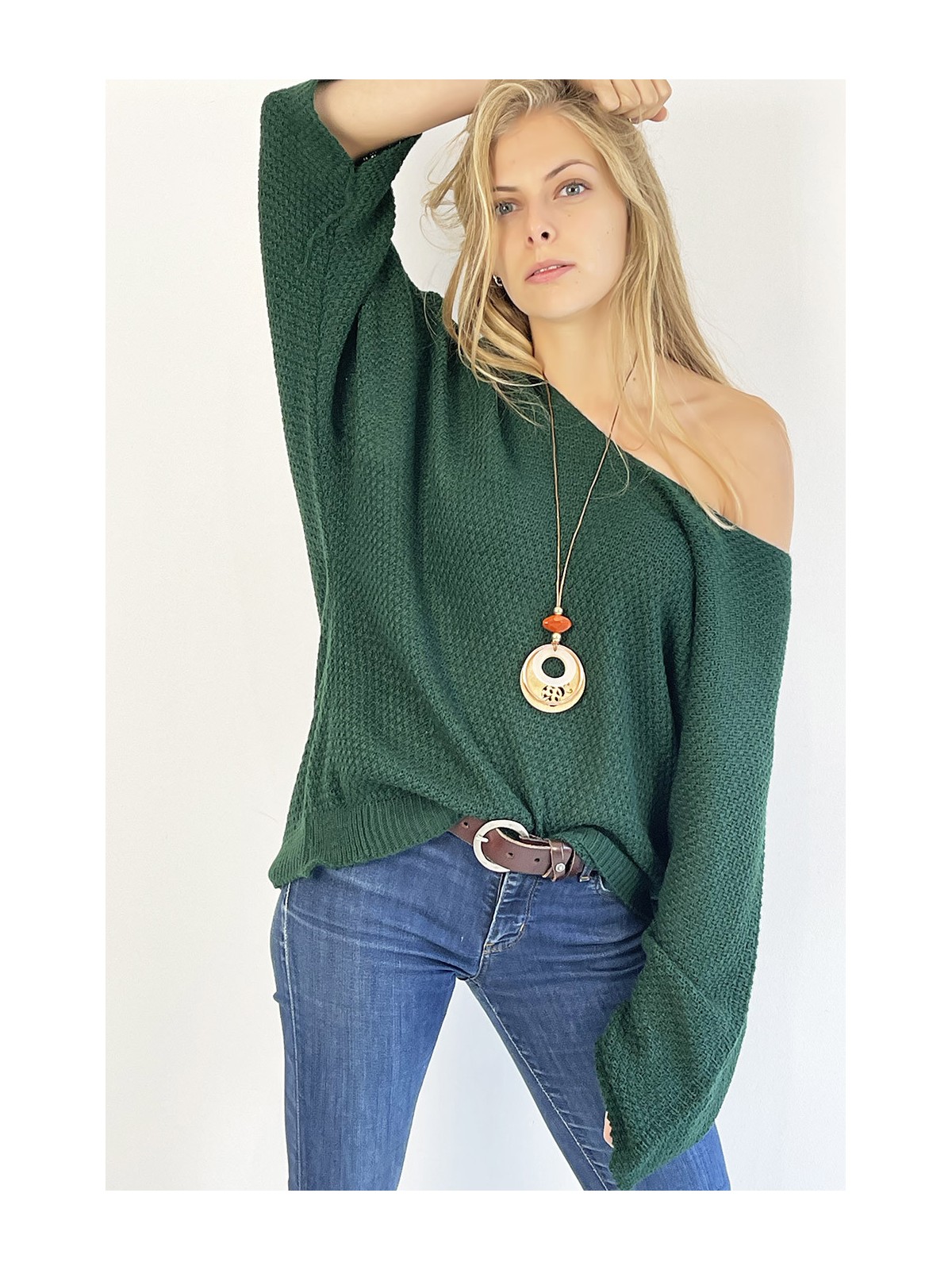 PuLL vert ample col V effet maille avec collier style bohème chic - 1