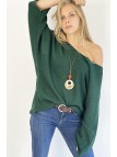 PuLL vert ample col V effet maille avec collier style bohème chic - 1