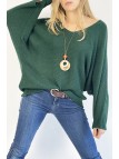 PuLL vert ample col V effet maille avec collier style bohème chic - 2