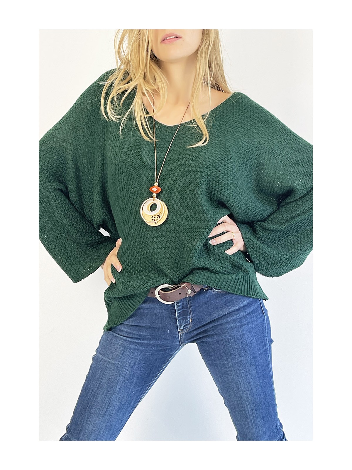 PuLL vert ample col V effet maille avec collier style bohème chic - 3