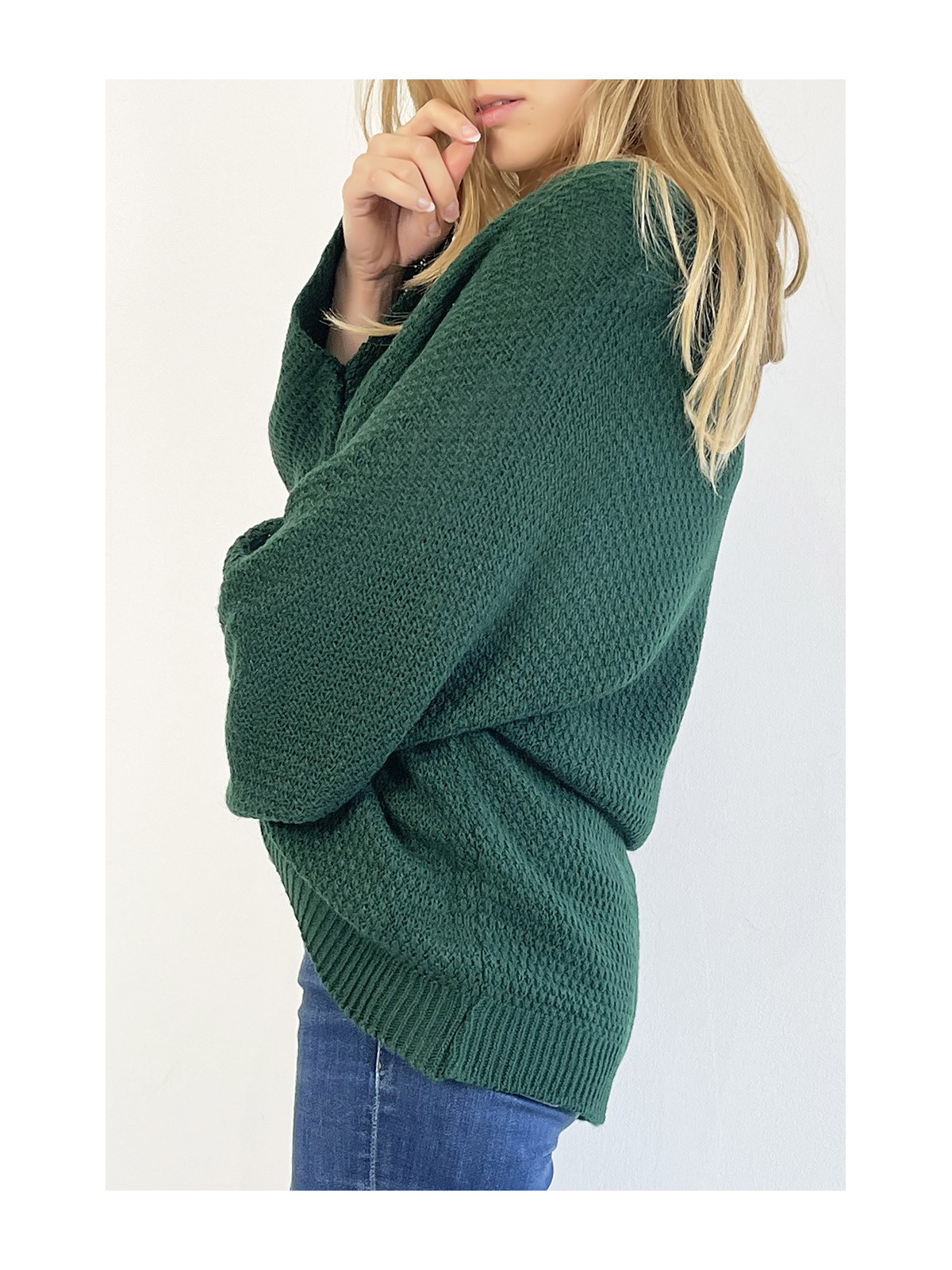 PuLL vert ample col V effet maille avec collier style bohème chic - 6
