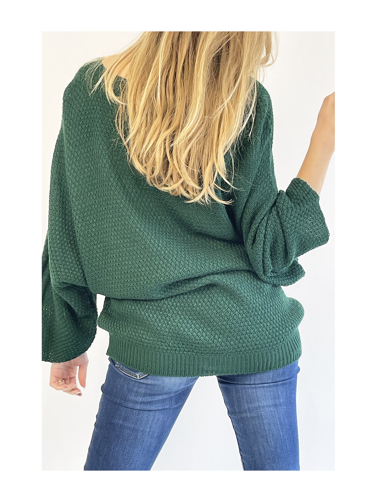 PuLL vert ample col V effet maille avec collier style bohème chic - 7