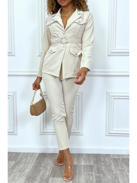 EnBBmble tailleur beige veste et pantalon avec ceinture réglable - 1