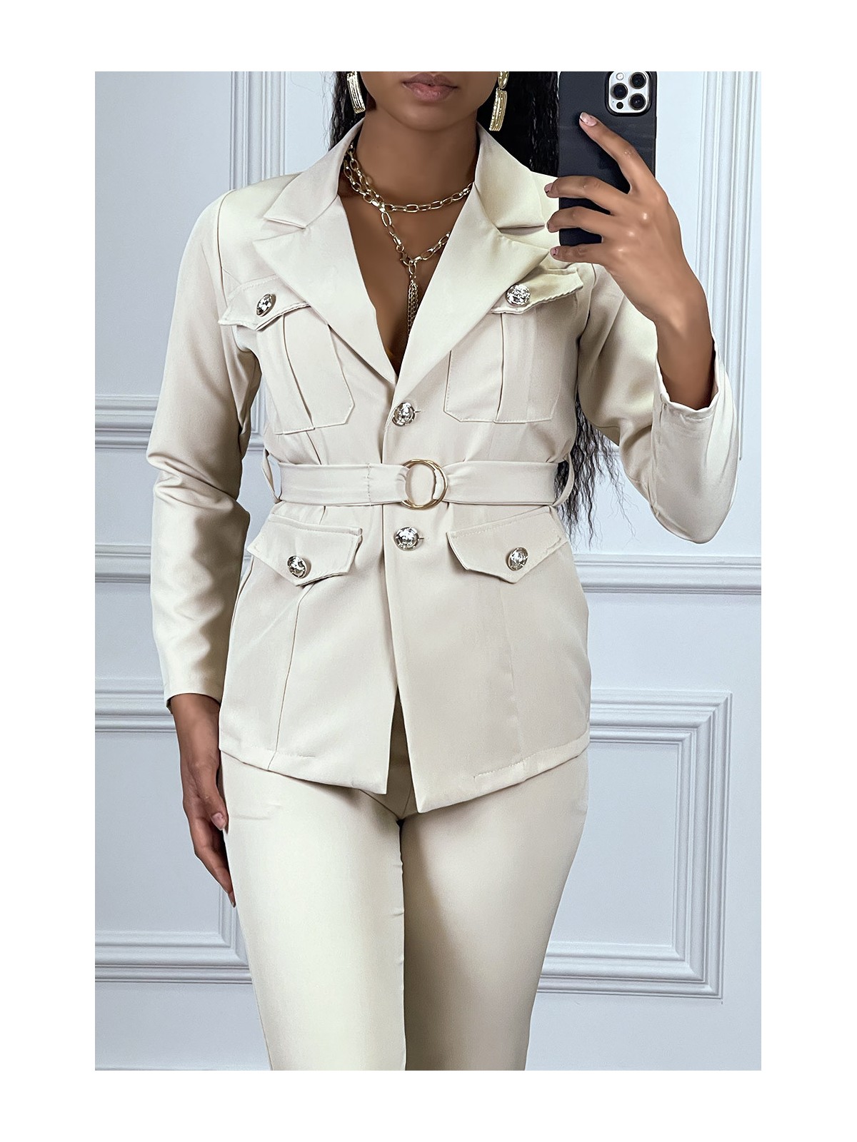 EnBBmble tailleur beige veste et pantalon avec ceinture réglable - 5