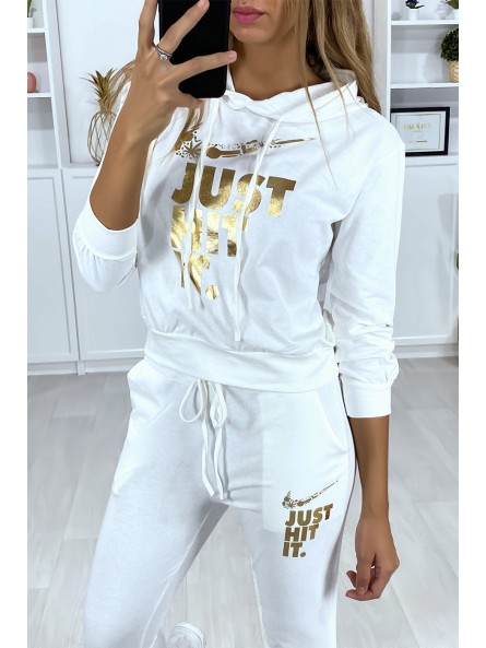 Ensemble jogging à capuche et poches en blanc avec écriture et dessin dérivé de marque doré - 4