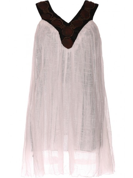 Tunique blanche femme avec perles marron au col. Vêtements femme fashion. 1319 - 1