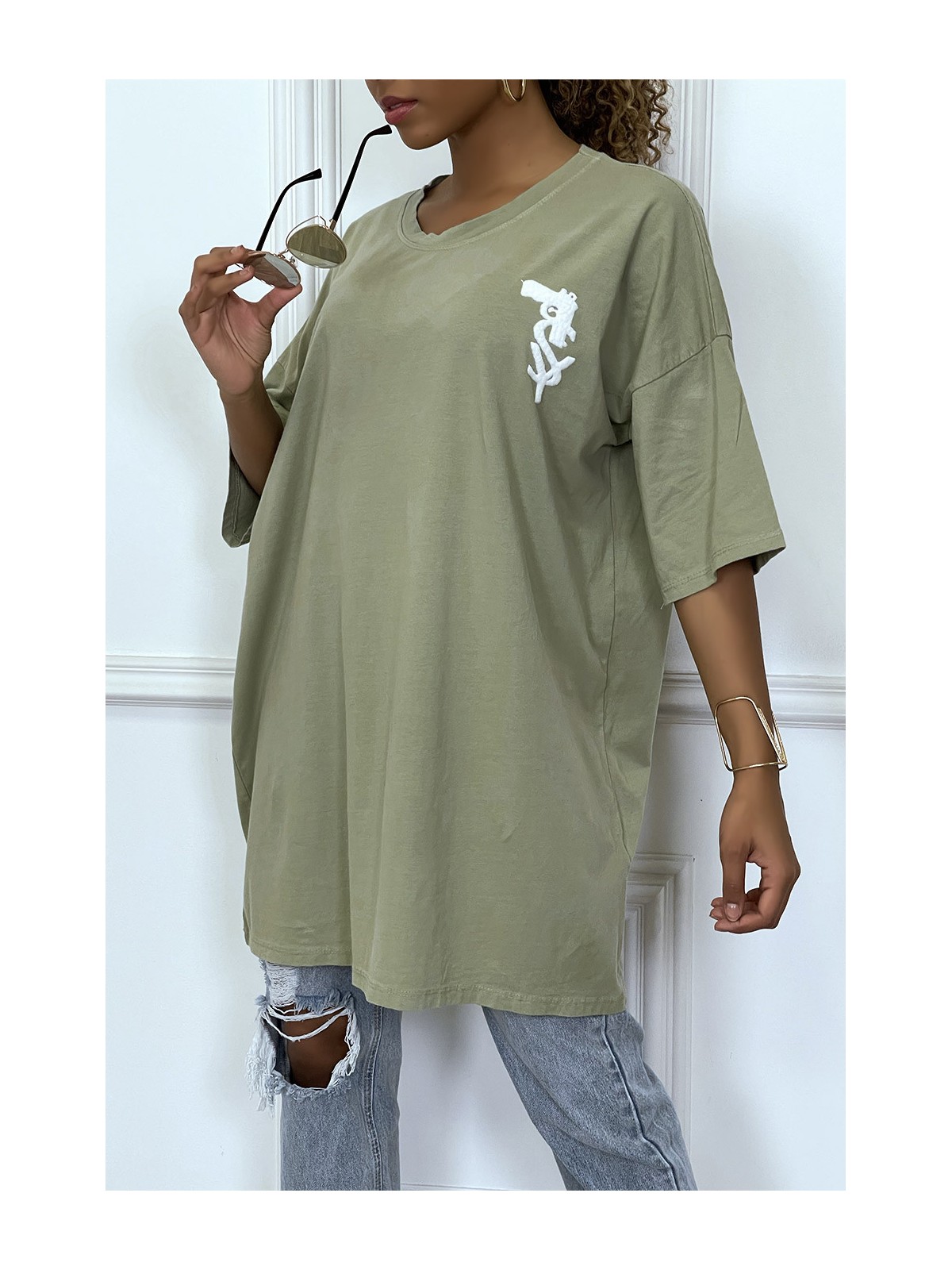 Tee-shirt oversize kaki tendance avec dessin en coton - 1