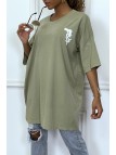 Tee-shirt oversize kaki tendance avec dessin en coton - 1
