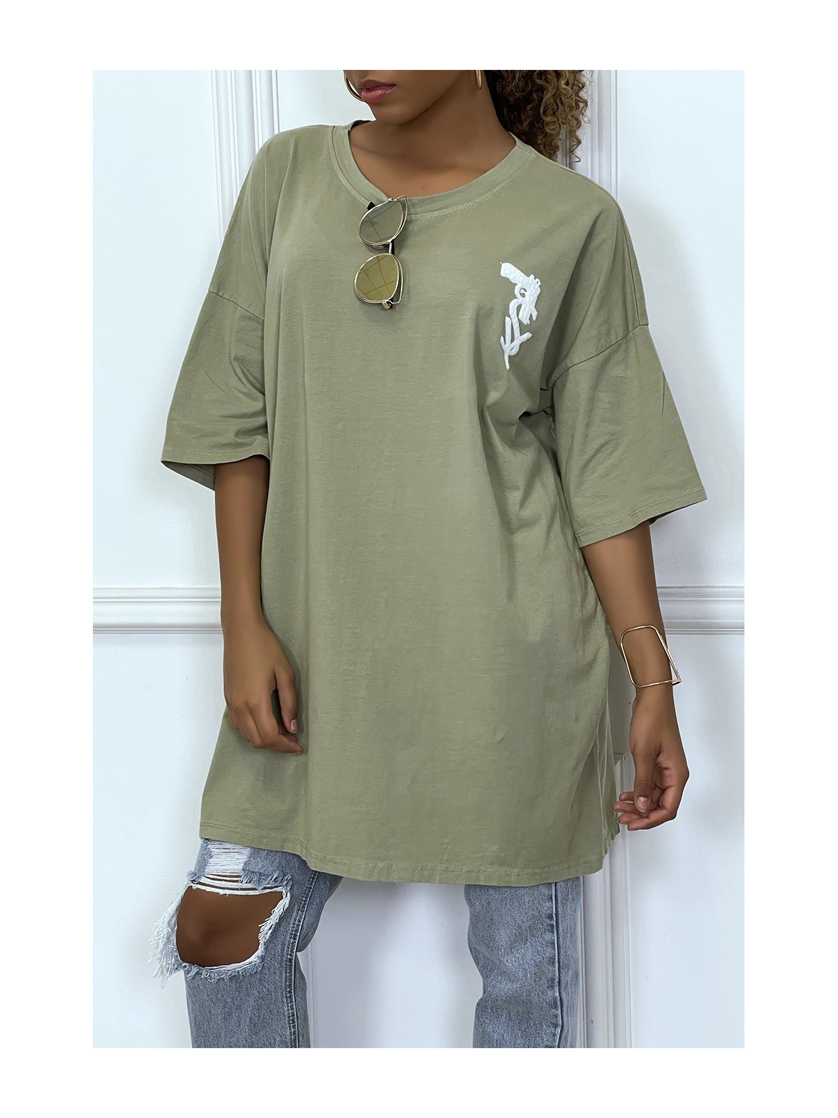Tee-shirt oversize kaki tendance avec dessin en coton - 2