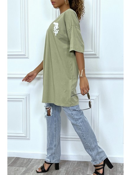 Tee-shirt oversize kaki tendance avec dessin en coton - 4
