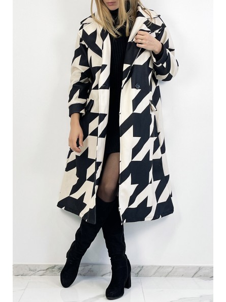 Manteau longueur mi-mollet beige à motif géométrique noir avec poche latérale col à revers et manches raglan. - 6