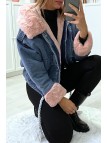 Veste en jean bleue à fausse fourrure rose et capuche - 8